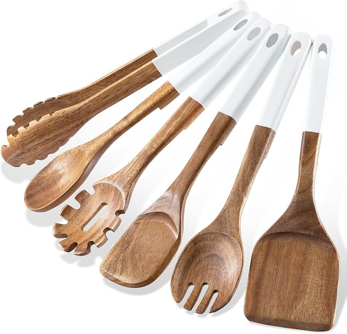 Wooden Spoons For Cooking, 6 PCS Natural Acacia Wooden Cooking Utensils, Smooth Grip Wood Cooking... | Amazon (US)