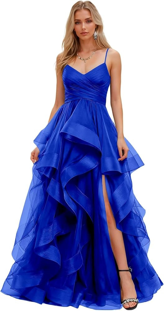 Tulle Slit Prom Dress 2026 Spaghetti Strap Ball Gowns V Neck Tiered Princess Wedding Dress for Wo... | Amazon (US)