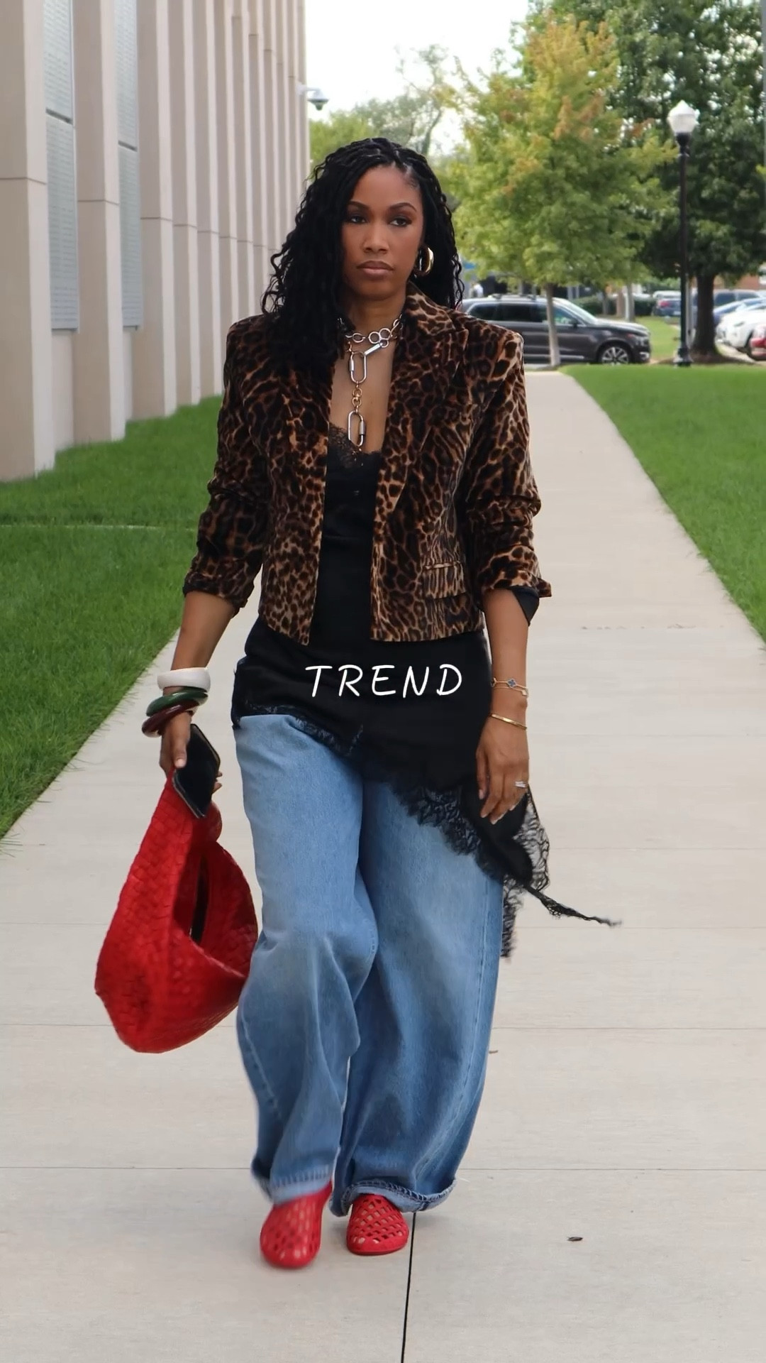 Love a trend but make it personal! 

Lace trimmed cami dress 
Leopard blazer 
Jelly slip ons
Agolde Vana Fold Wide Leg Jeans in Mantra

