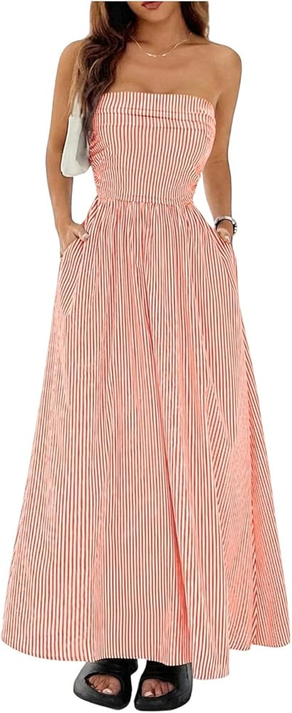 Milumia Women's Striped Strapless Maxi Dress Casual Long Summer Dresses | Amazon (US)