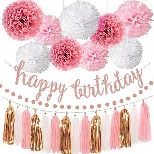 Pink Rose Gold Birthday Party Decorations Set, Rose Gold Glittery Happy Birthday banner, Tissue P... | Amazon (US)