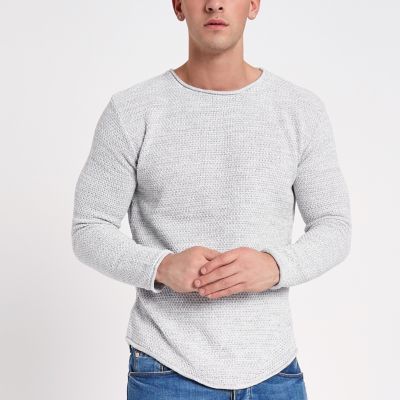 Grey textured knit rolled slim fit sweater | River Island (UK & IE)