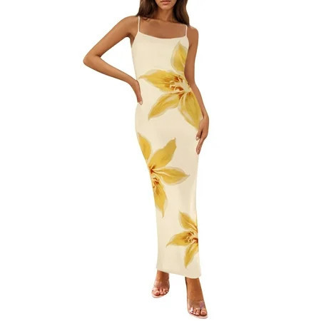 LWavelet Womens Spaghetti Strap Floral Print Bodycon Maxi Dress Daily Party Formal Dress Yellow M | Walmart (US)