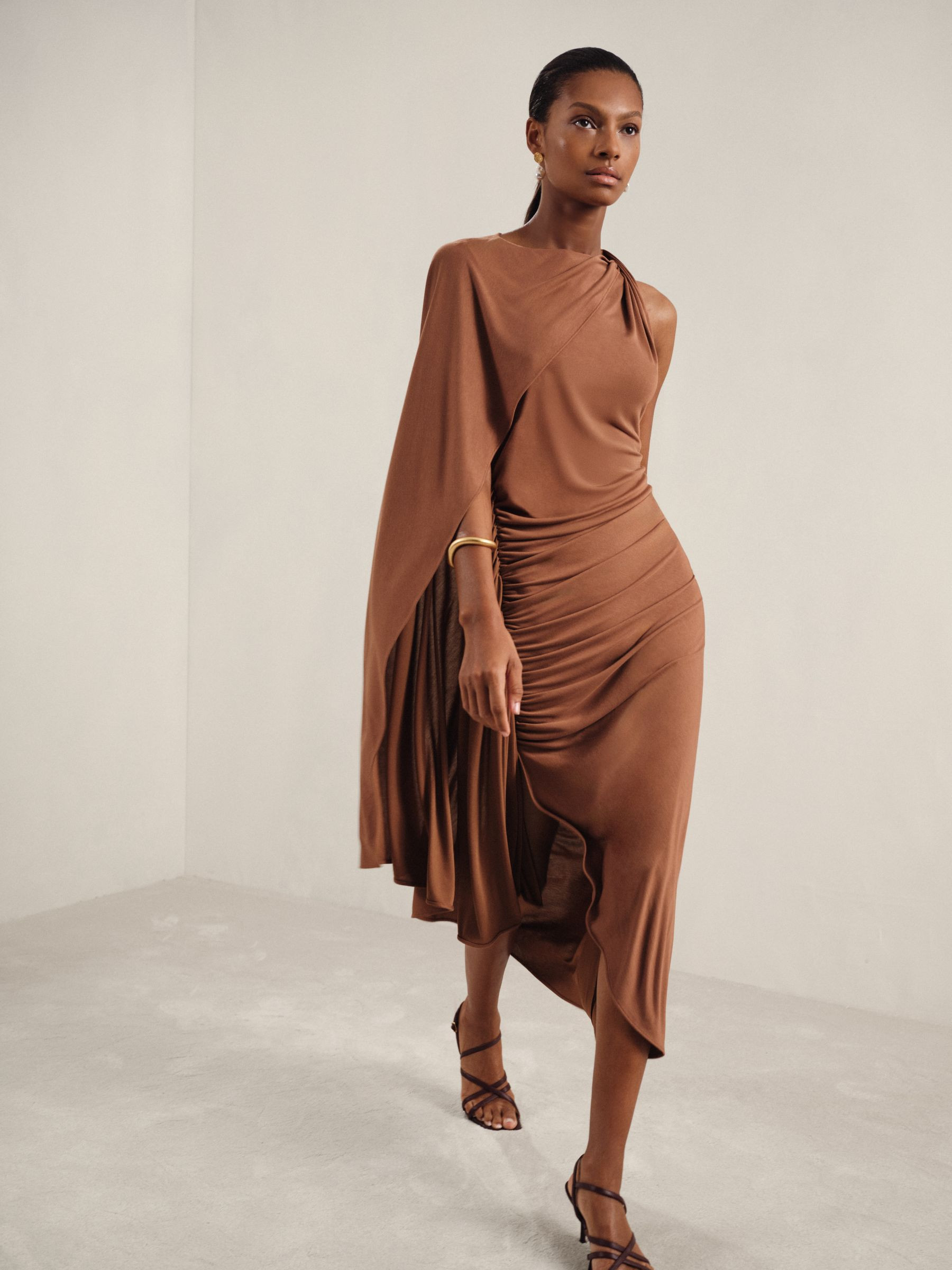 Reiss Cape Sleeve Jersey Dress in Brown - REISS | Reiss UK