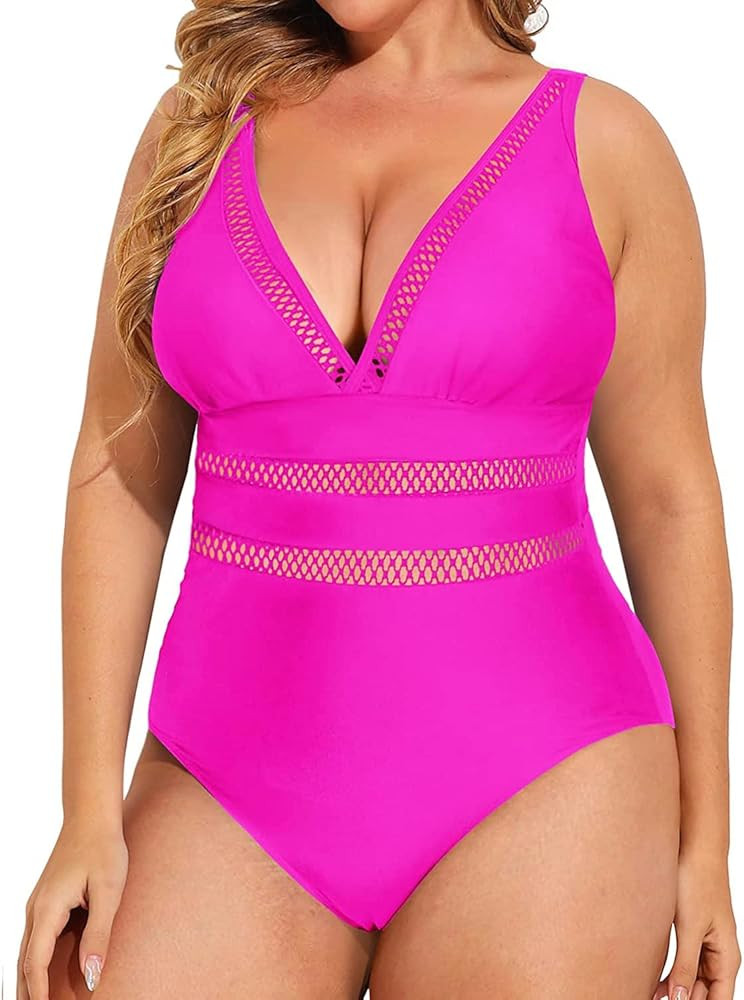 Daci Women Plus Size One Piece Swimsuits Plunge Sexy V Neck Bathing Suit Hollowed Swimwear | Amazon (US)