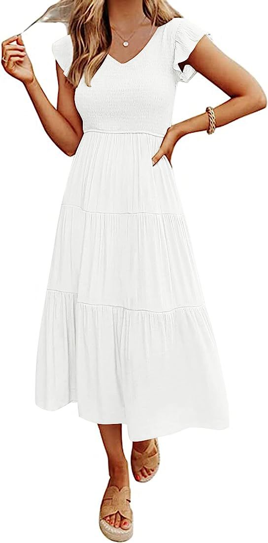 MEROKEETY Women's Flutter Sleeve Smocked Midi Dress V Neck Casual Tiered Dresses with Pockets | Amazon (US)