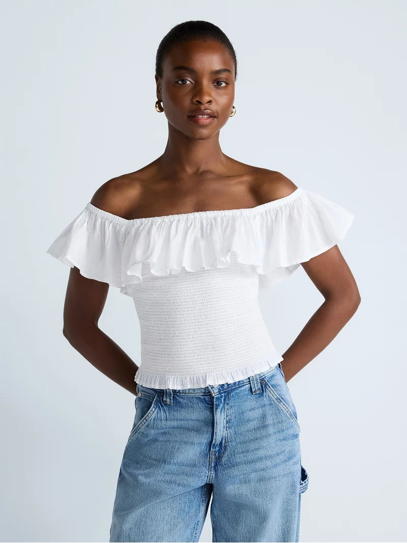 Scoop Women’s and Women’s Plus Off-the-Shoulder Smocked Ruffle Cotton Top, Sizes XS-4X - Walm... | Walmart (US)