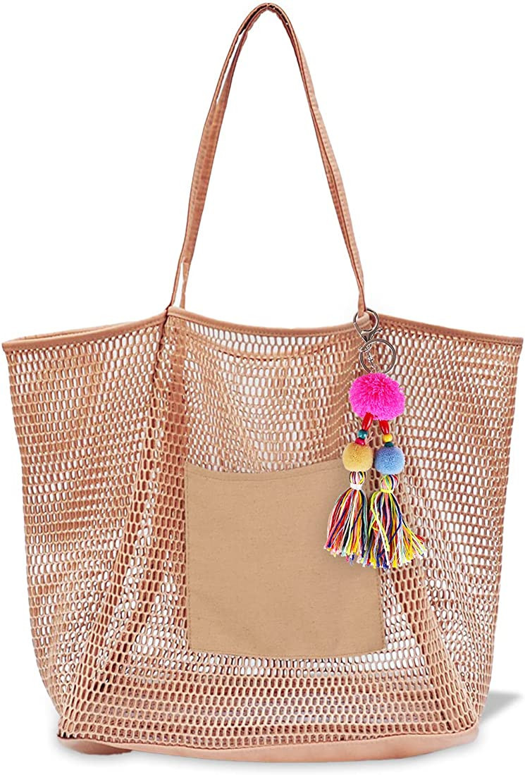 Women Mesh Straw Beach Tote Bag Sandproof Waterproof for Swim, Travel, Gym and Beach Holiday | Amazon (US)