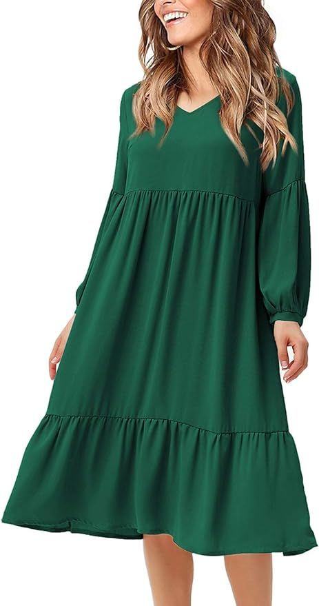 GRACE KARIN Women's Casual V Neck Ruffle Dress Long Sleeve Plain Midi Dress | Amazon (US)