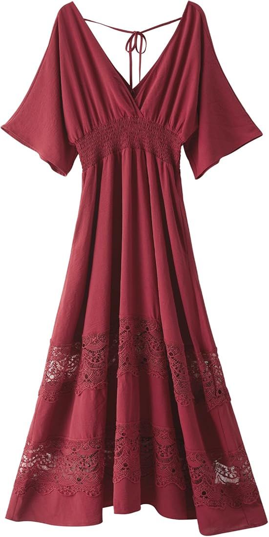 Women's Lace Maxi Dress Short Sleeve V Neck Party Dress Smocked Waist Boho Maxi Dress Bohemian Dr... | Amazon (US)