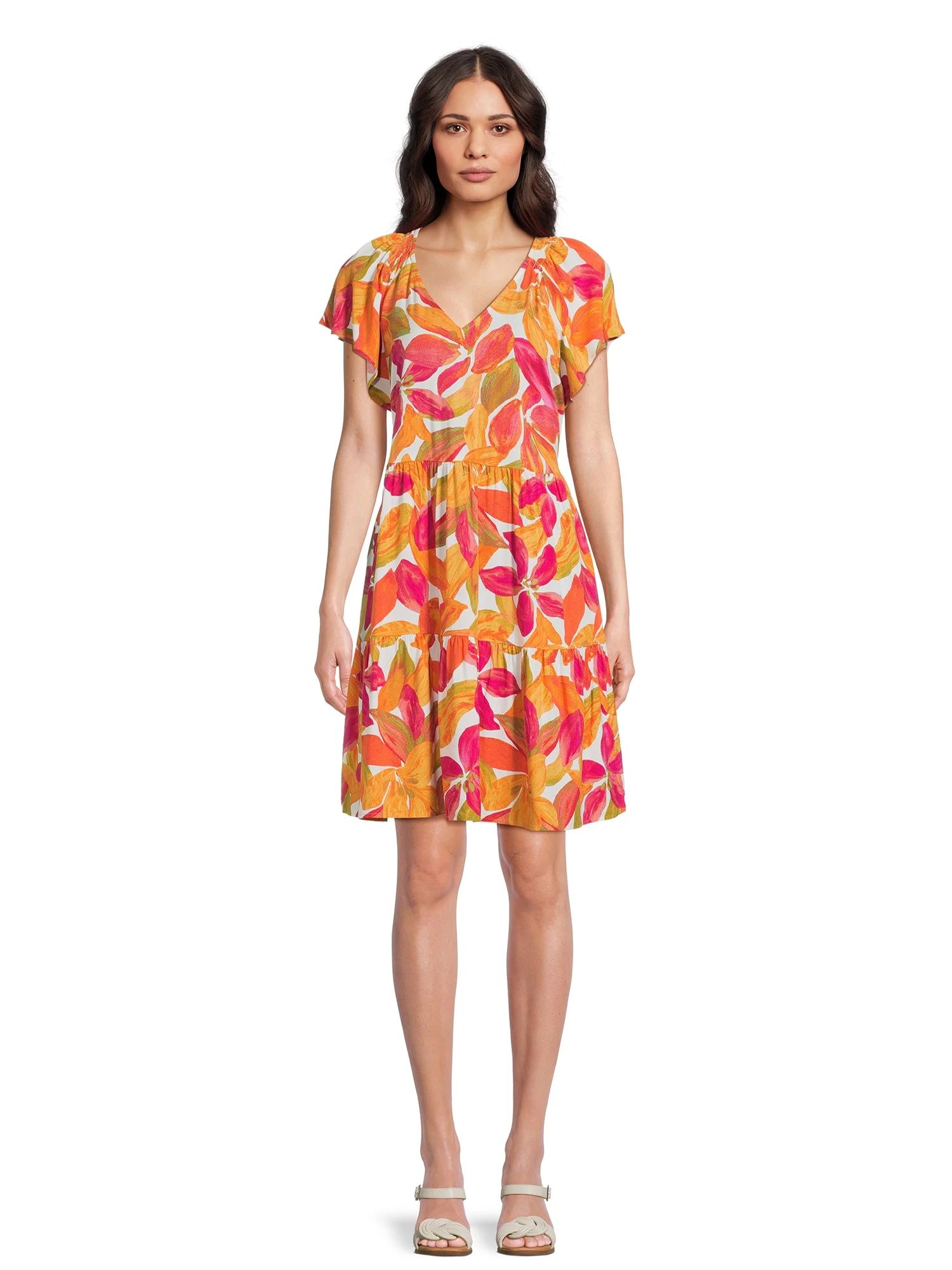 Time and Tru Women's Tiered V-Neck Dress with Flutter Sleeves, Sizes XS-XXXL - Walmart.com | Walmart (US)