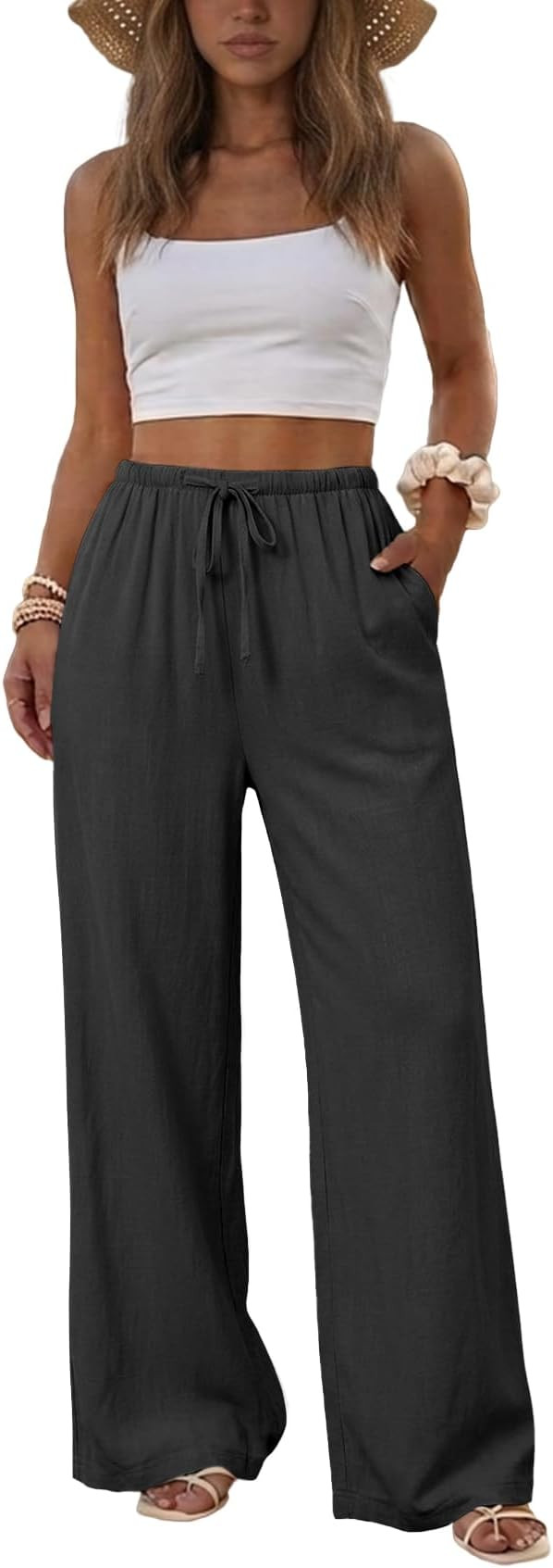 Duyang Womens Cotton Linen Palazzo Pants Drawstring Elastic Waist Casual Wide Leg Trousers with P... | Amazon (US)
