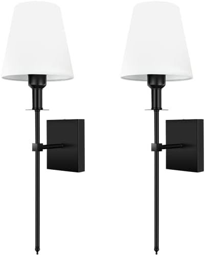 PASSICA DECOR 2 Pack Modern Matt Black Wall Sconce Set of Two with Vertical Rod and White Fabric ... | Amazon (US)