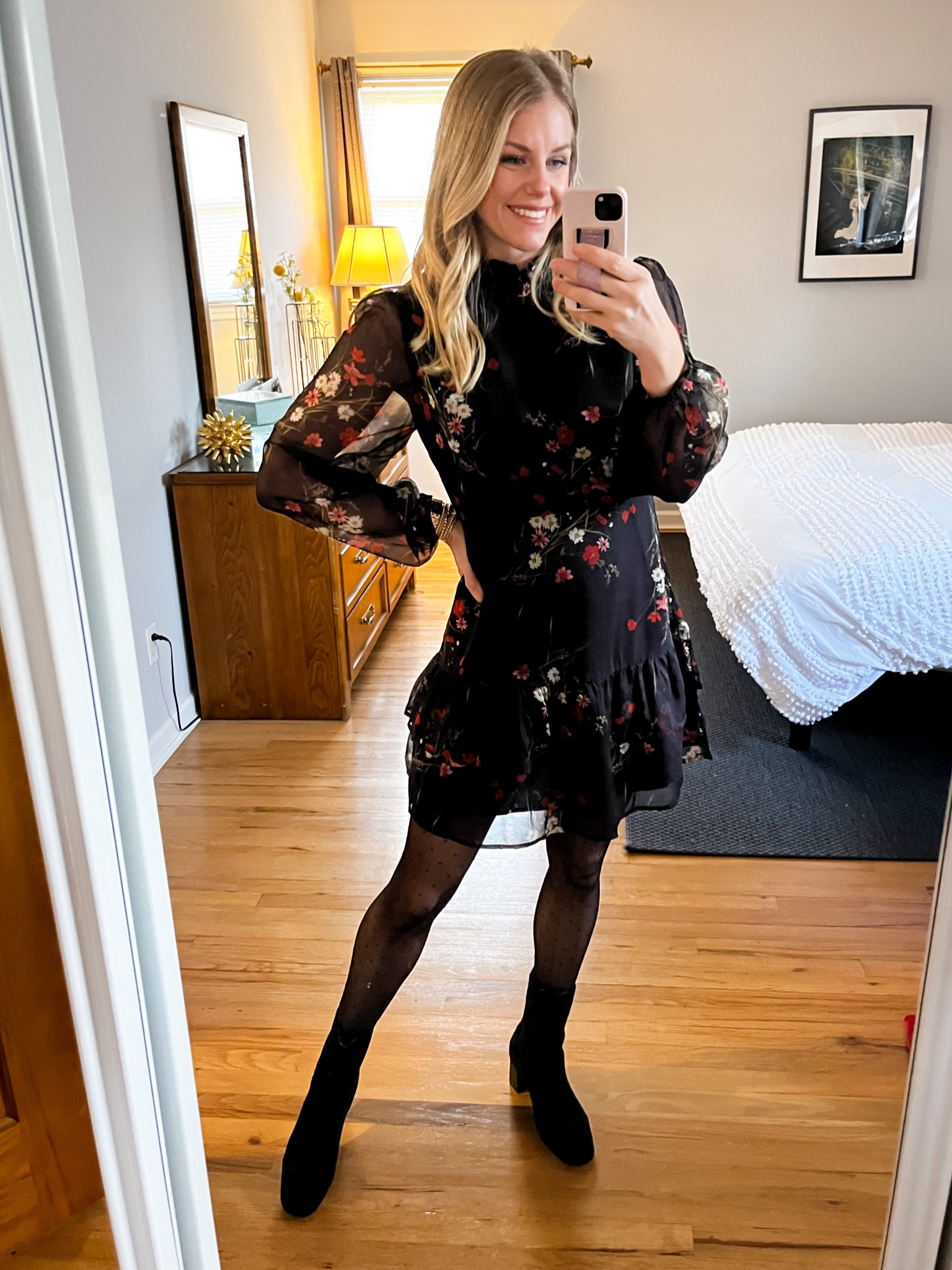 Lovvvve this dress! The high neck and the print are so pretty! Runs true to size. Wearing size small. Perfect dress for just about any event! 

#LTKwedding #LTKunder50 #LTKHoliday