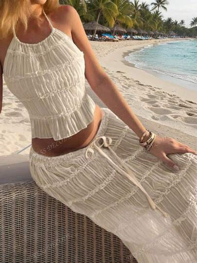 2pcs/Set Apricot Chiffon Multi-Layer Ruched Lace Trim Halter Backless Maxi Dress Suit, Elegant Ro... | SHEIN