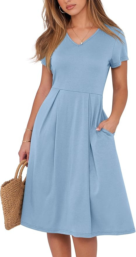 ANRABESS Women Summer Dress Casual Short Sleeve V Neck A-Line Knee Length Pleated Flowy 2025 Fash... | Amazon (US)