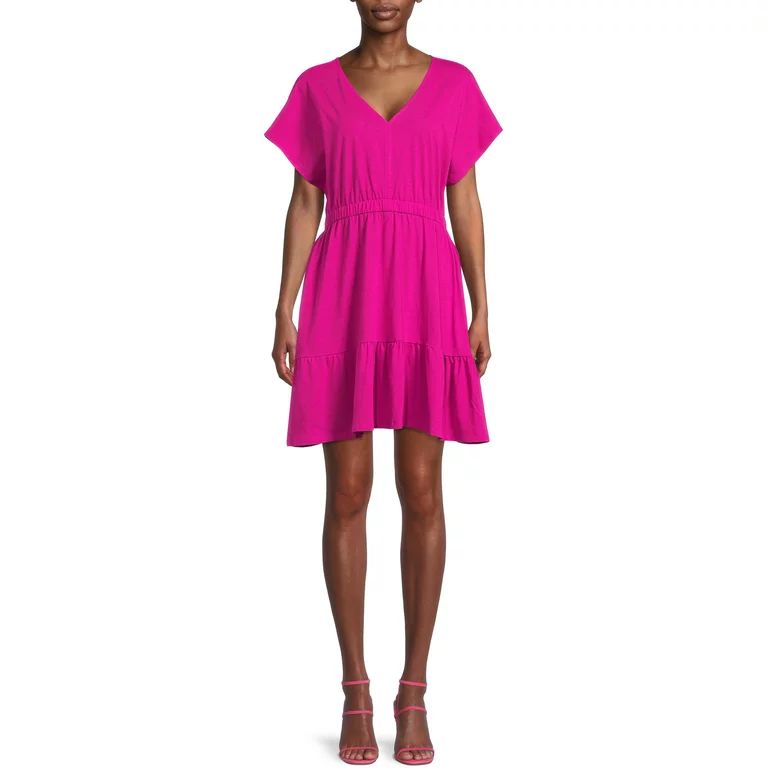 Time and Tru Women's Short Sleeve Knit V-Neck Tiered Dress | Walmart (US)