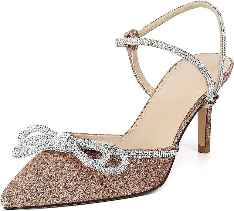 Susanny Women's Closed Toe Rhinstone Wedding Low Heel Slingback Clear Kitten Heels,Adjustable Str... | Amazon (US)