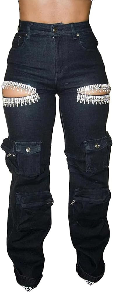 Womens Rhinestone Cargo Jeans Y2k High Waisted Ripped Cut Out Straight Leg Sparkly Baggy Sexy Den... | Amazon (US)