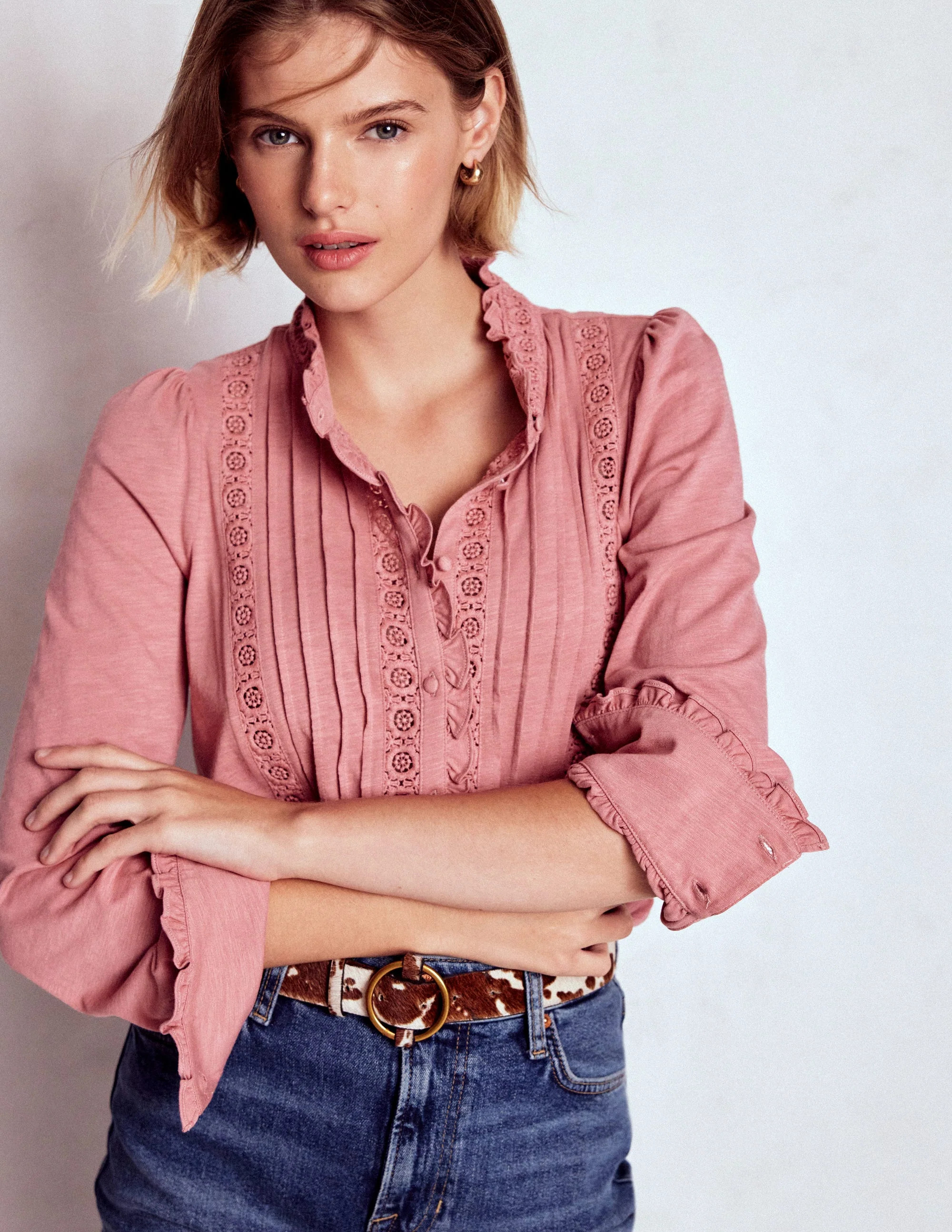 Lace Detail Jersey Shirt-Vintage Rose | Boden (US)