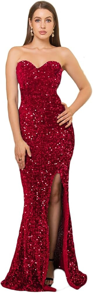 Velvet Sequin Formal Women's Evening Dress Strapless Padd Prom Gown | Amazon (US)