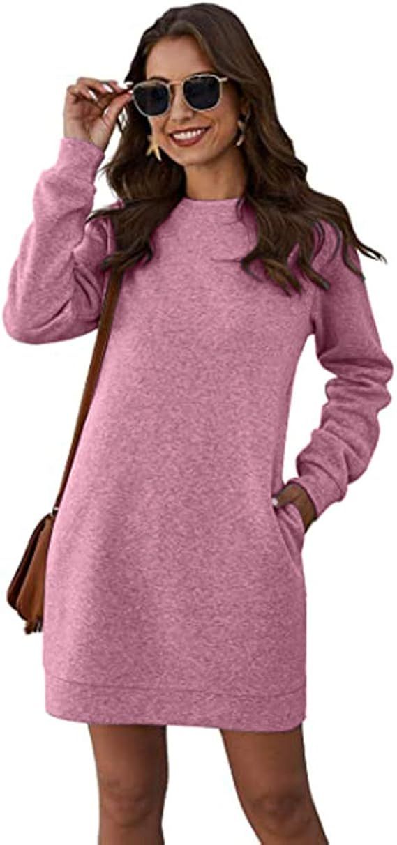 Women's Crew Neck Sweatshirt Dress Long Sleeve Solid Tunic Pullover with Pockets | Amazon (US)