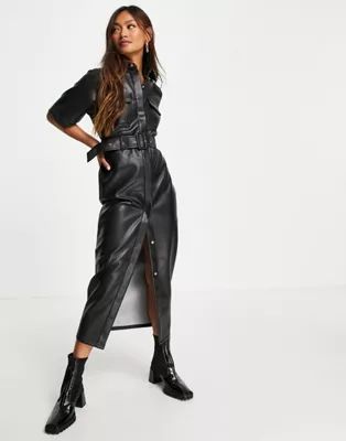 ASOS DESIGN leather look belted midi shirt dress in black | ASOS (Global)