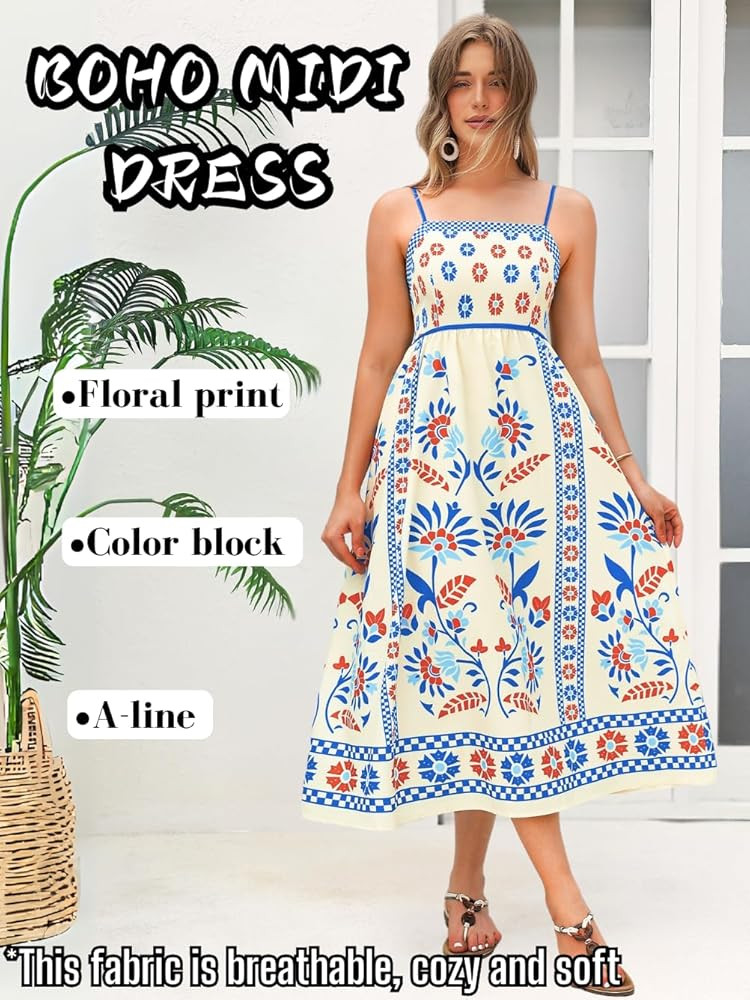 ChiaoLezhee Boho Midi Dresses for Women, A-Line Floral Sundress, Empire-Waist Spaghetti-Straps Fl... | Amazon (US)