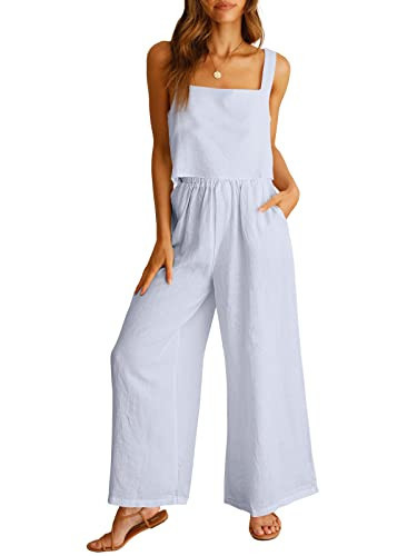 ANRABESS Women's 2 Piece Outfits Linen Pants Jumpsuit Matching Lounge Set Casual Summer Beach Vacation Trendy Clothes Blue Small | Amazon (US)