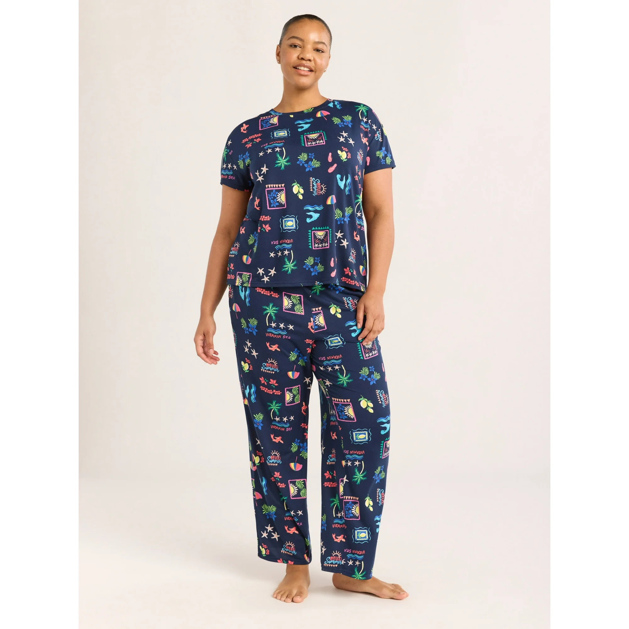 Joyspun Women's Short Sleeve Sleep Top and Open Leg Pants Pajama Set, 2-Piece, Sizes XS-3X | Walmart (US)