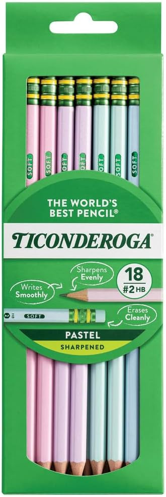 Ticonderoga Wood-Cased Pencils, Pre-Sharpened, 2 HB Soft, Pastel Colors, 18 Count | Amazon (US)