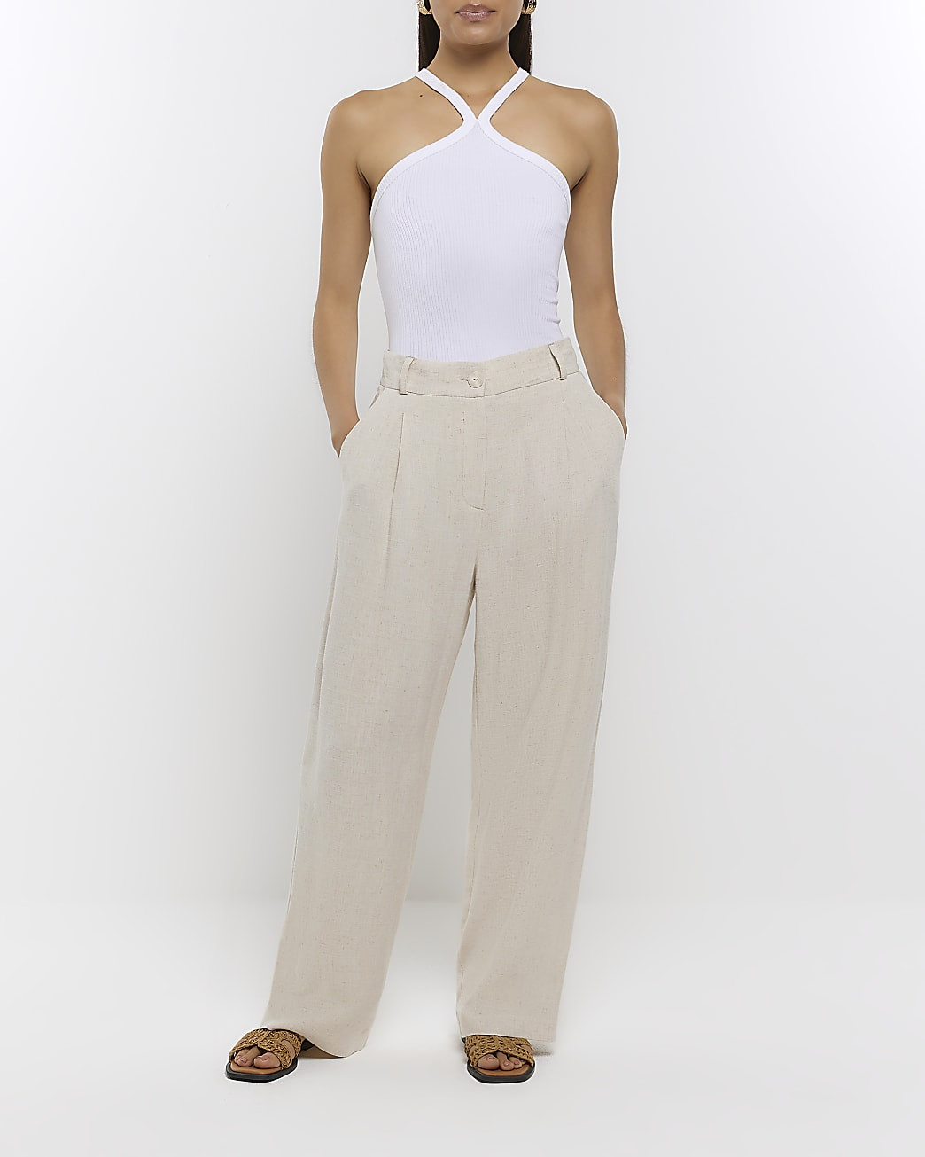 Beige wide leg trousers with linen | River Island (UK & IE)