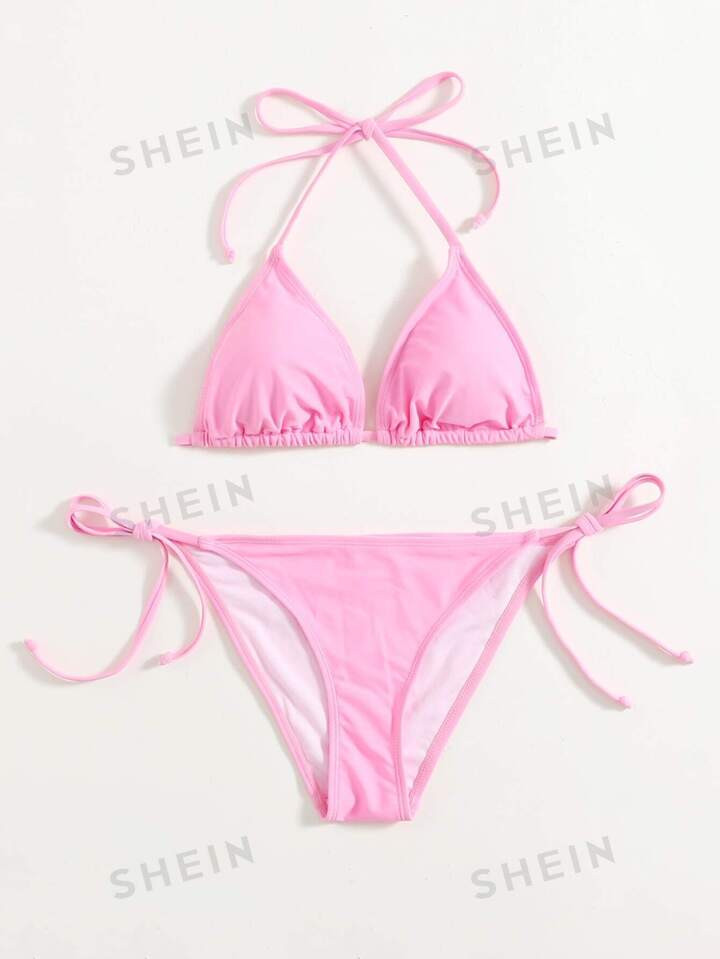 SHEIN Swim Mod Mono Bikini Set Halter Triangle Bra & Tie Side Bottom 2 Piece Swimsuit | SHEIN