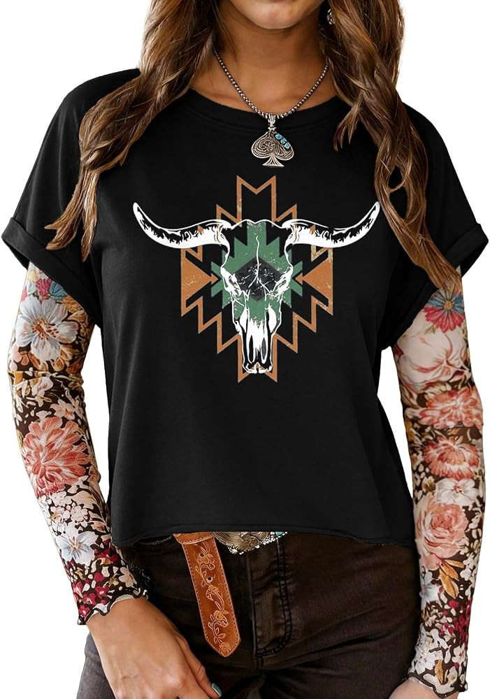 TAKEYAL Womens Western Tops Cowgirl Grahpic Tshirts Cute Vintage Summer T Shirts with Roll-Up Cuf... | Amazon (US)