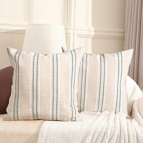 AELS 26x26 Decorative Farmhouse Linen Throw Pillow Covers, Boho Textured Pillow Case, Set of 2, Beige with White & Navy Blue Stitch Yarn Dyed Stripe Cushion Cover for Couch Living Room (Cover ONLY) | Amazon (US)
