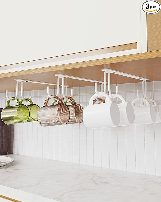 Mug Hooks Under Cabinet 3 Pack, Coffee Cup Hooks for Hanging Under Shelf, Mug Organizer Rack with... | Amazon (US)