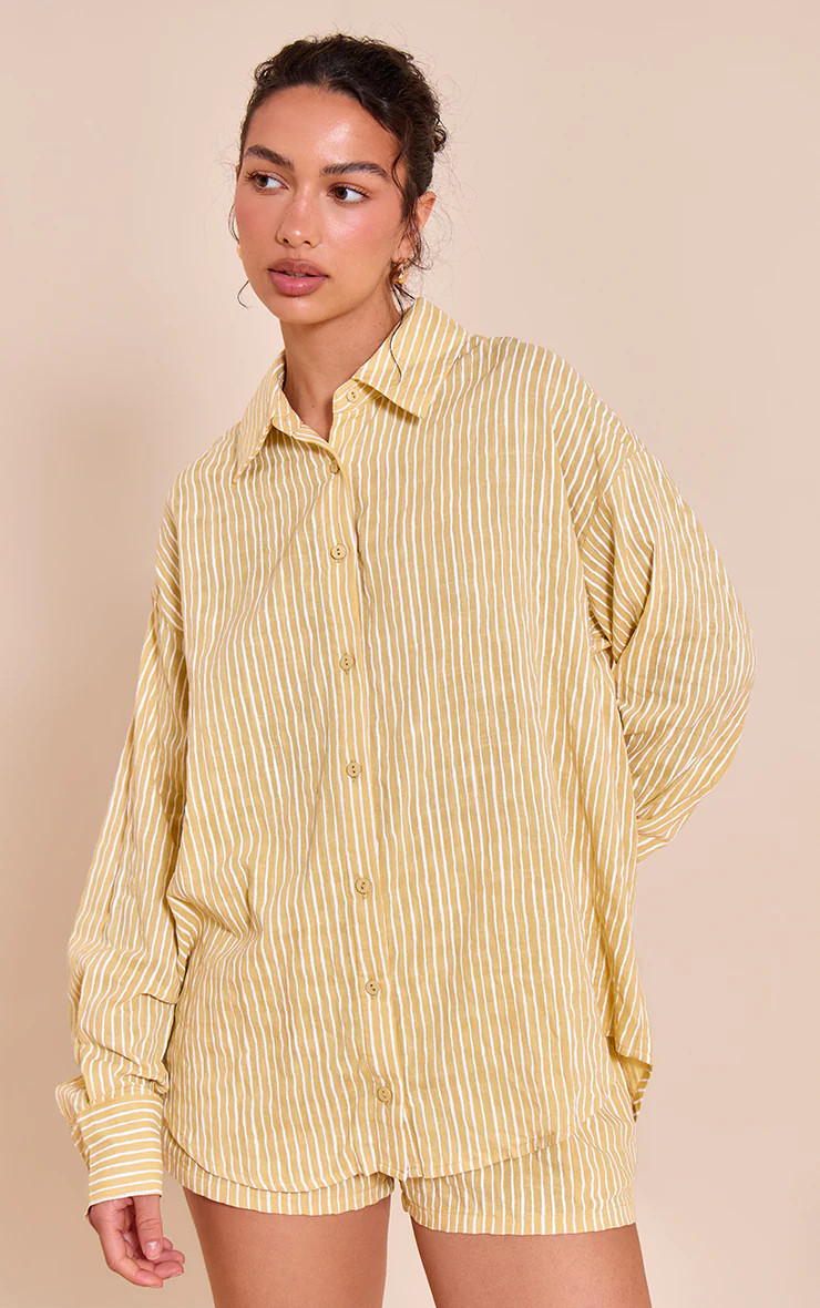 Chartreuse Striped Linen Long Sleeve Shirt | Co-ords | PrettyLittleThing UK