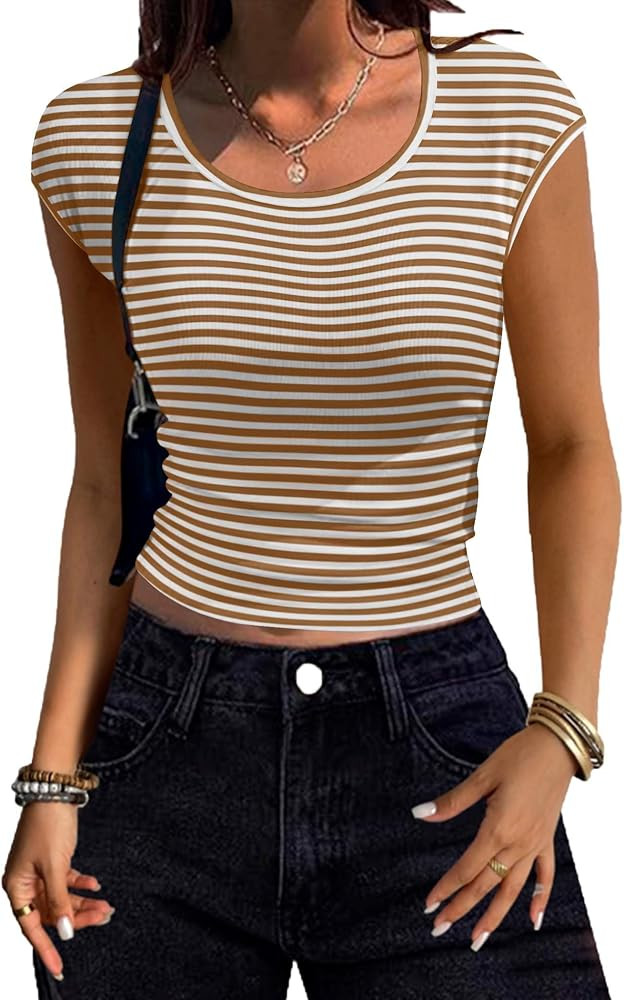Zeagoo Womens Tank Tops Ribbed Knit Crew Neck Shirts Cap Sleeve Slim Fitted Ruched Basic Tees | Amazon (US)