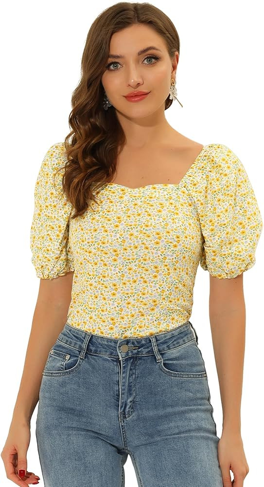 Allegra K Women's Puff Sleeve Square Neck Peasant Floral Blouse Top | Amazon (US)