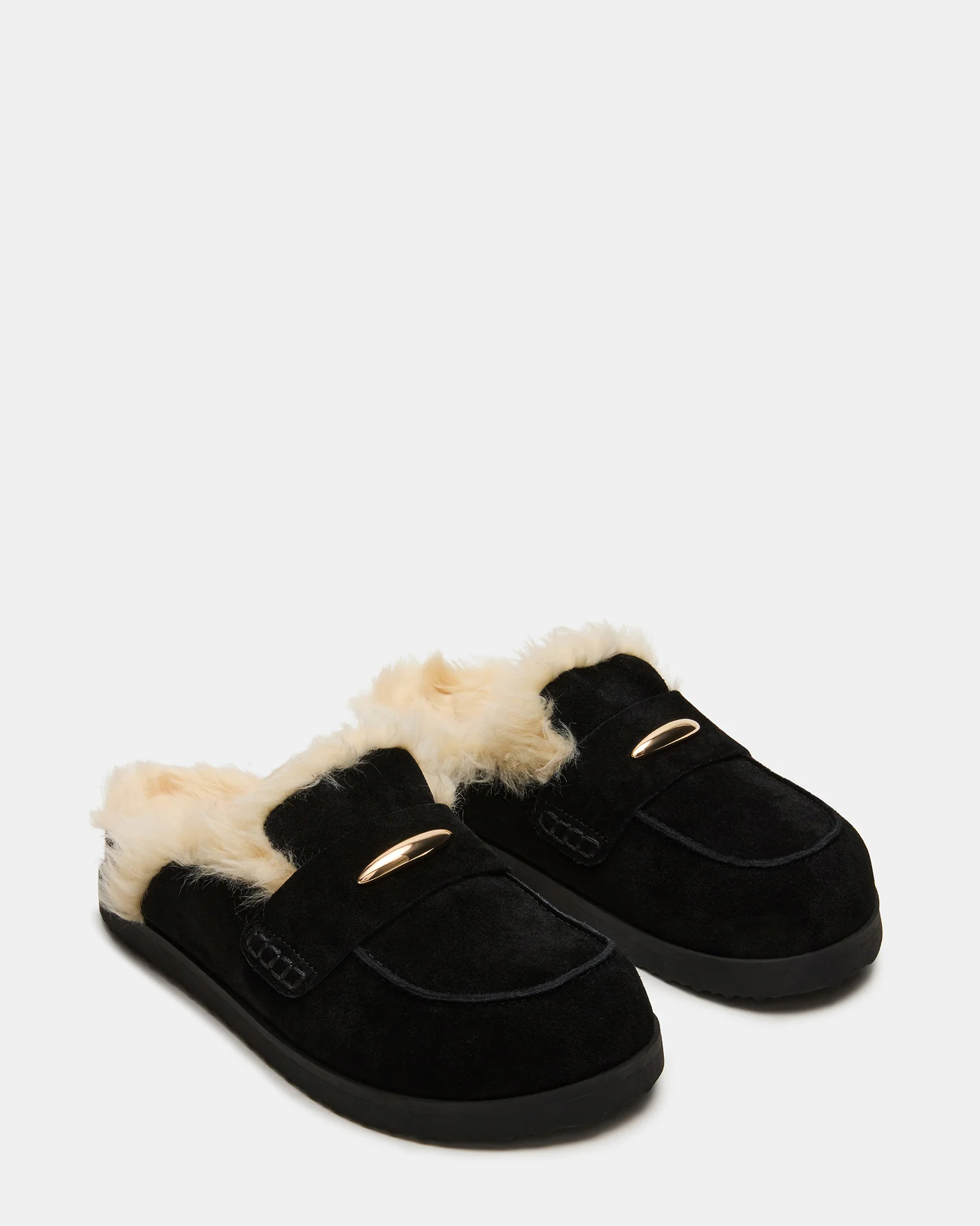 TOBIN Faux Fur Black Suede Slip-On Mule Women's Flat | Steve Madden (US)