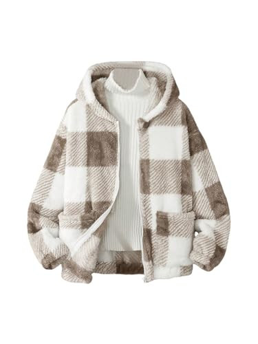 SweatyRocks Girl's Plaid Fuzzy Zip Up Hooded Jackets Casual Color Block Long Sleeve Jacket Outwear Khaki 8Y | Amazon (US)