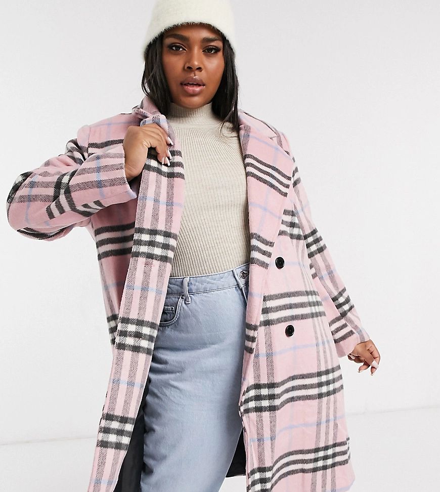 Wednesday's Girl Curve longline tailored coat in pastel check-Pink | ASOS (Global)