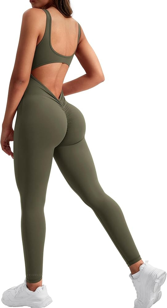 YEOREO Sleeveless Jumpsuits for Women Sexy Backless Gym Bodycon Lizvette V Back Scrunch Butt Romp... | Amazon (US)