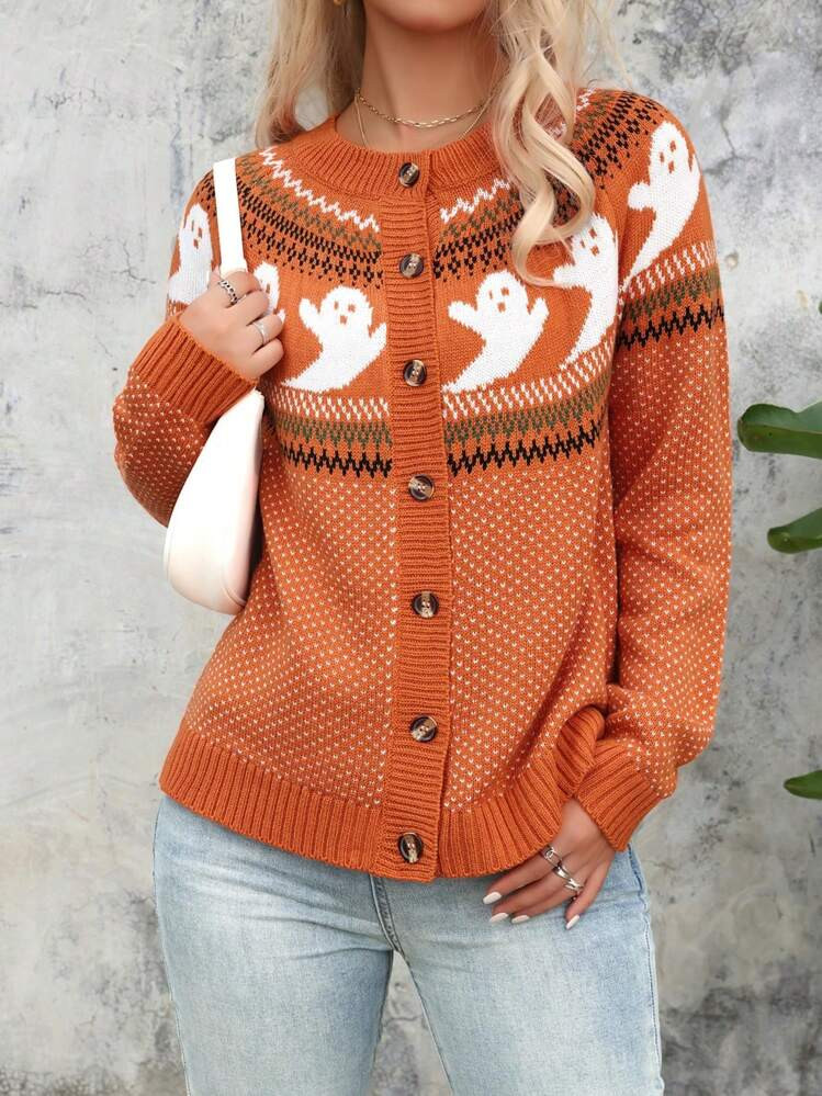 Halloween Ghost Print Polka Dot Round Neck Button Knitted Cardigan, Vintage Knitwear Outerwear For Autumn & Winter | SHEIN