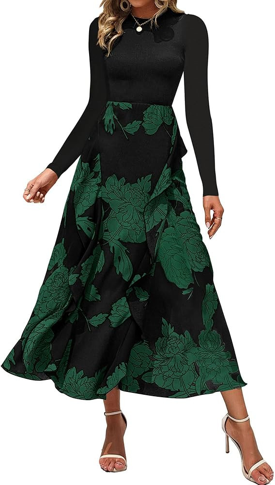 BTFBM Womens Fall Fashion 2024 Floral Maxi Dress Casual Crewneck Long Sleeve Ruffle Flowy Cocktai... | Amazon (US)