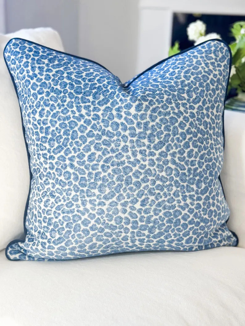 Blue Cheetah Chenille Dot Pillow Cover - Grandmillennial Coastal Decor - Etsy | Etsy (US)