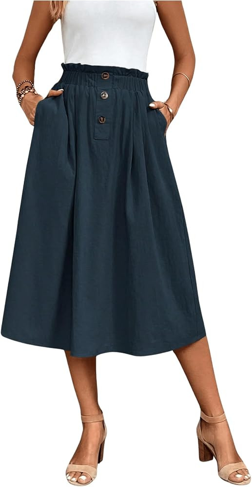 Verdusa Women's Elastic Waist Pocket Side A Line Midi Swing Flared Skirt | Amazon (US)