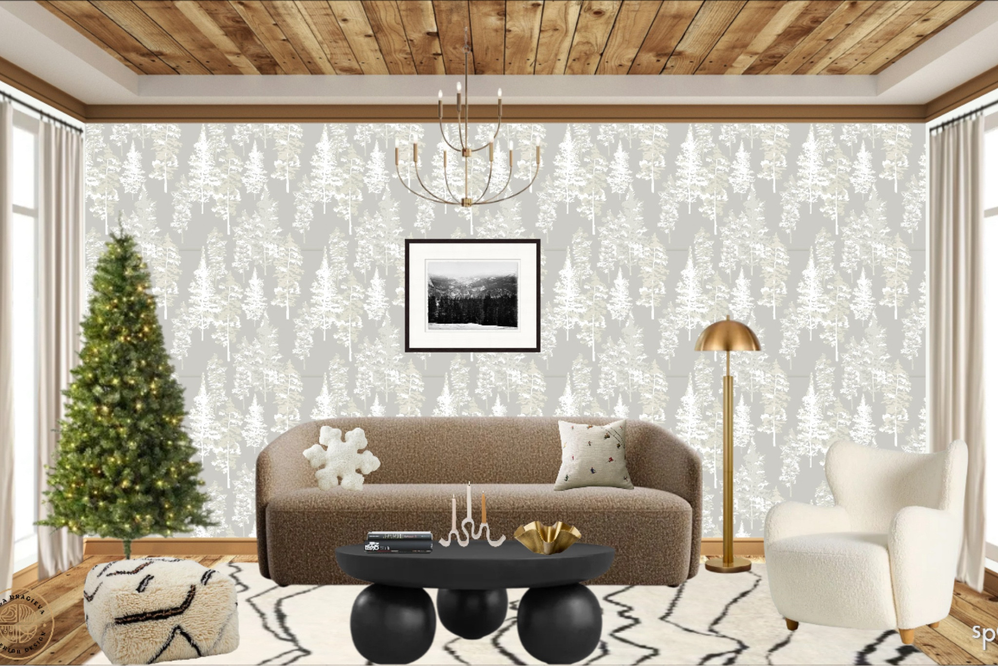 Black & white living room design, black coffee table, forest wallpaper, geometric and woolen rug, beautiful brass floor lamp, black & white art, brass dimmable chandelier, west elm accent chair, artificial pre-lit Christmas tree, boucle sofa from Pottery Barn, shag pouf. #christmas decor, #livingroomdesign