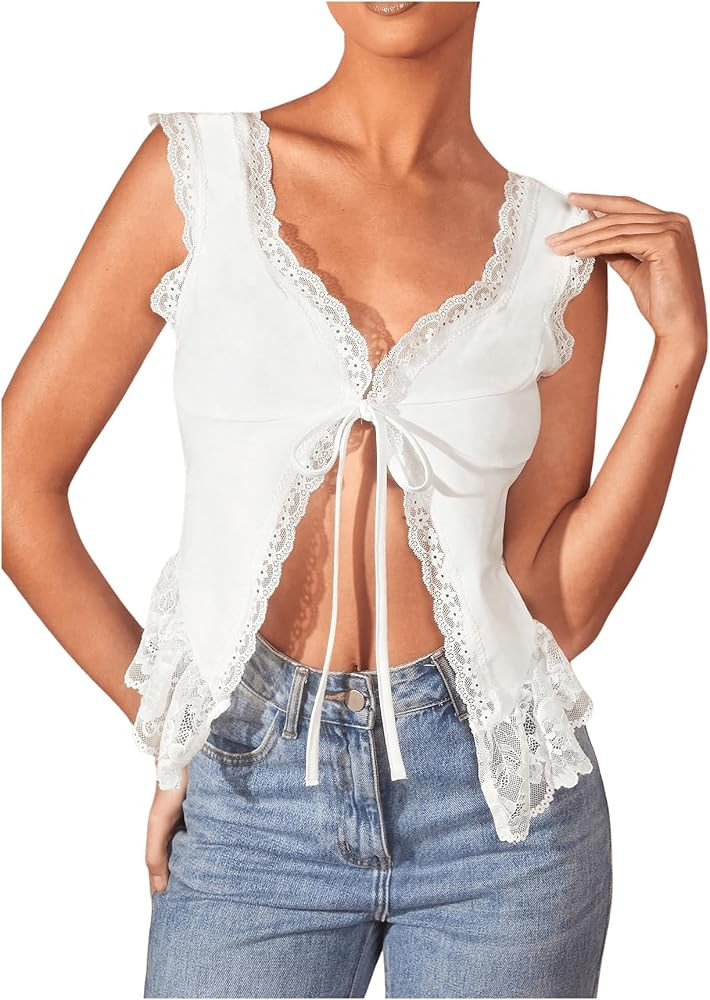 OYOANGLE Women's Floral Lace Sleeveless V Neck Tie Split Front Tank Tops Party Going Out Cami Shi... | Amazon (US)
