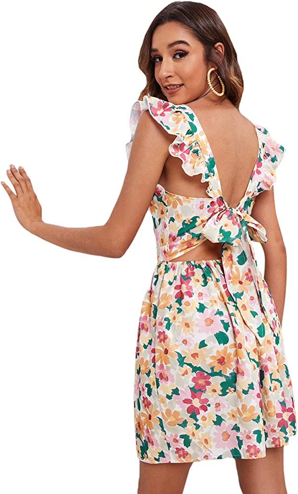 Beige Floral Backless Dress With Ruffle Sleeves  | Amazon (US)